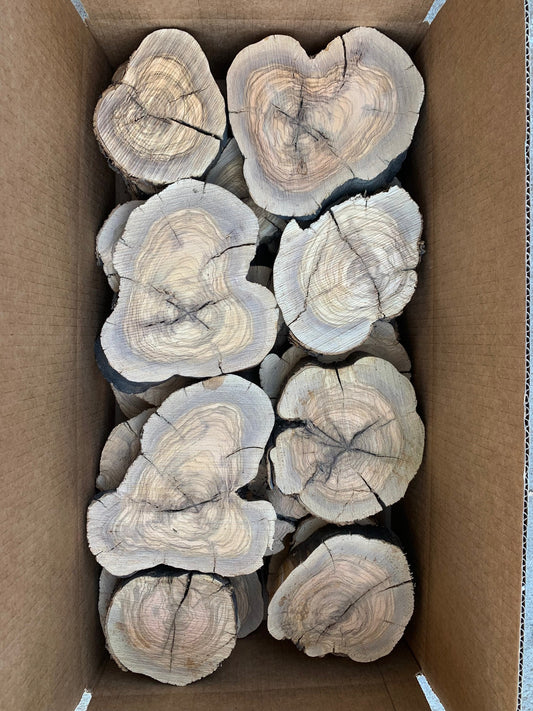 Box of olive log slices with visible grain patterns