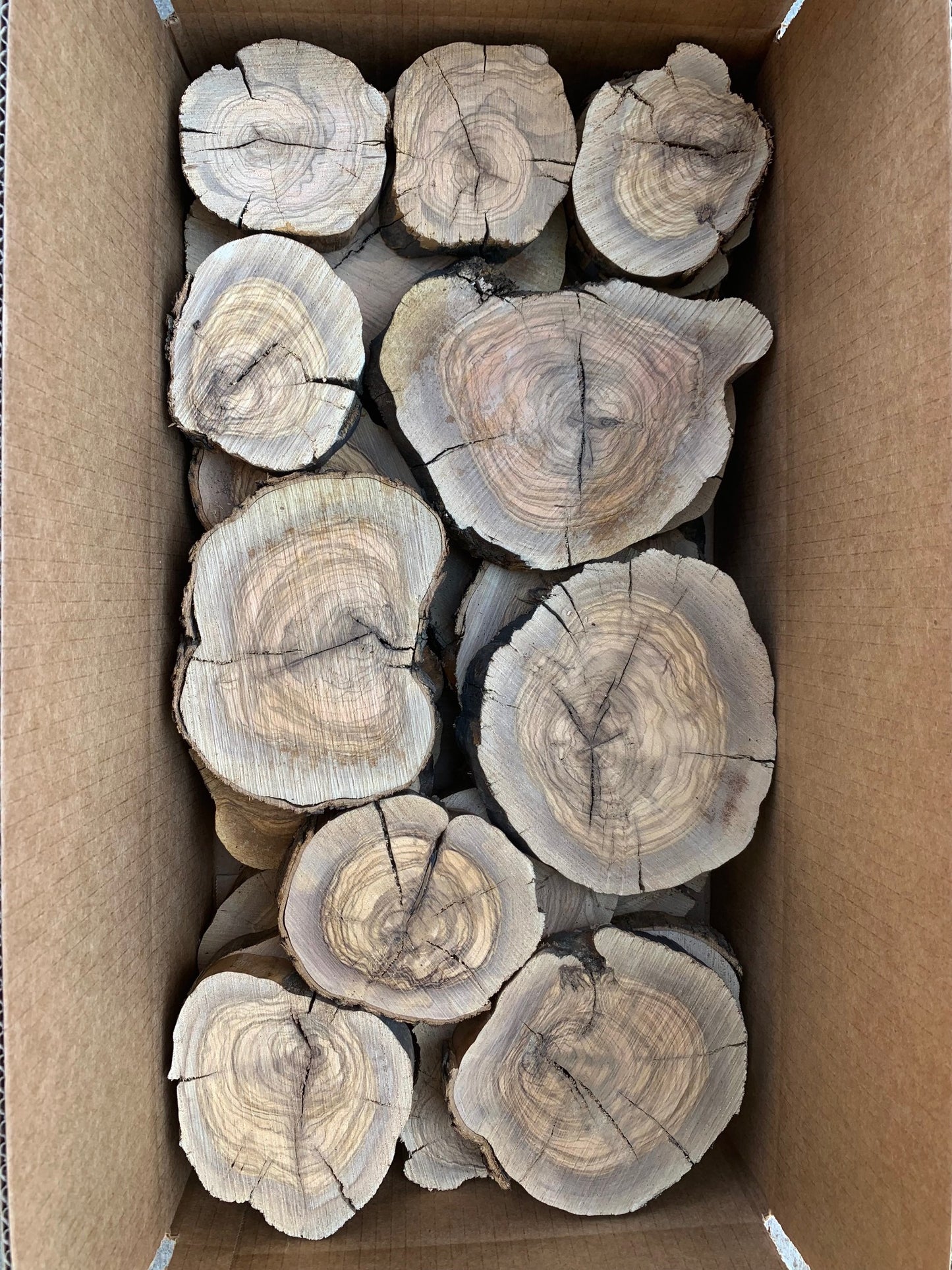 box containing rustic olive wood slices with visible grain patterns